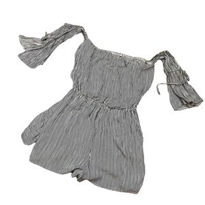 AMERICAN EAGLE Navy & White Striped Off the Shoulder Elastic Waist Short Romper